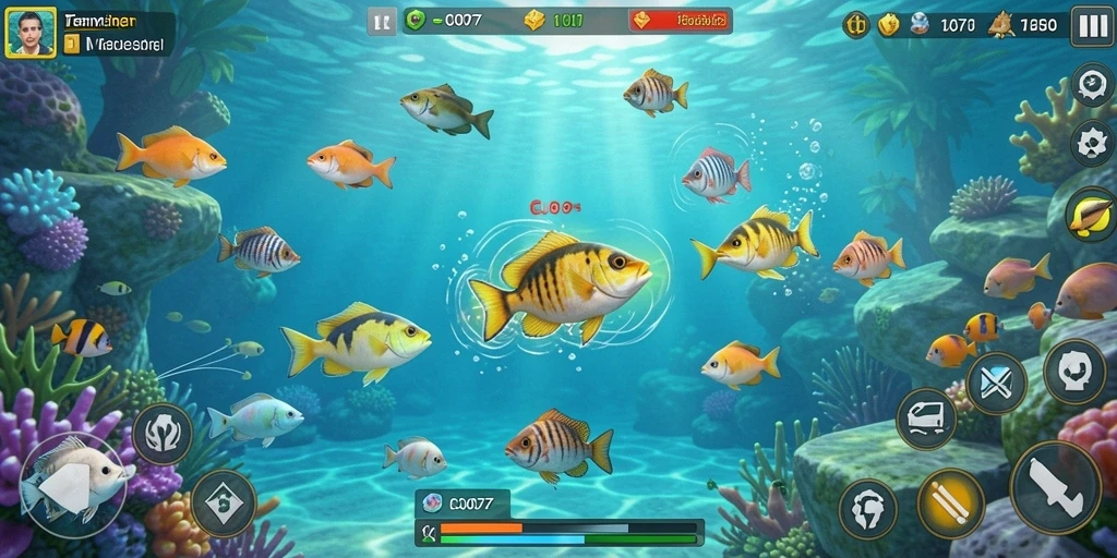 Screenshot C0077 menampilkan aksi menembak ikan yang menegangkan.