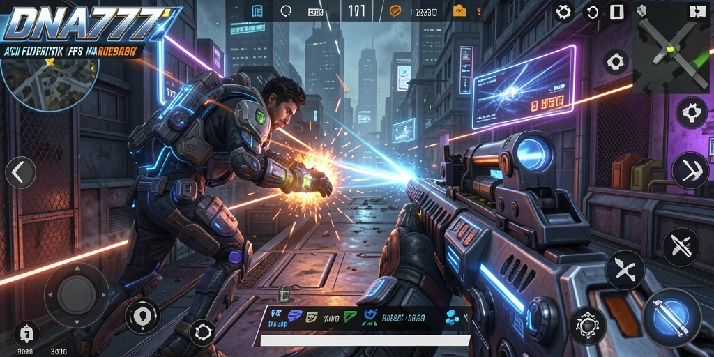 Tampilan aksi intens dalam permainan FPS DNA777.