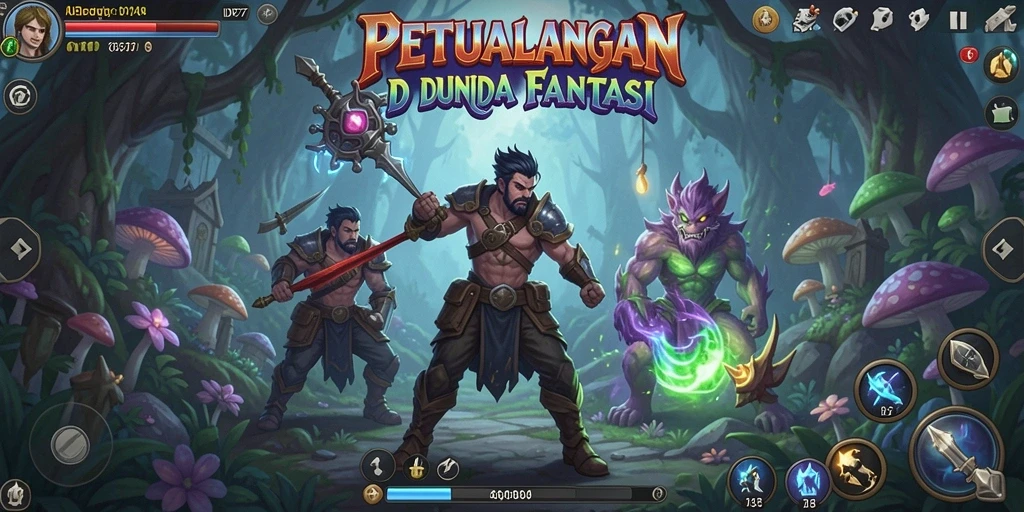 Tangkapan layar menunjukkan karakter menjelajahi dunia petualangan yang penuh warna.