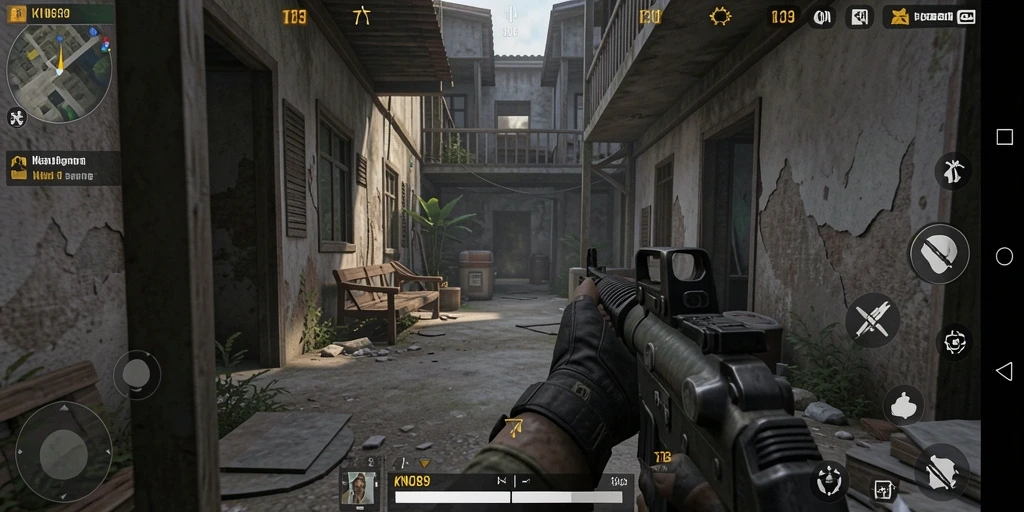 Screenshot KNO89 menunjukkan aksi intens dalam permainan FPS.