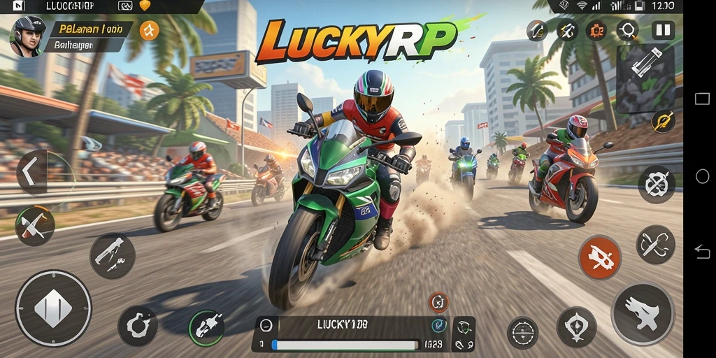 Tampilan gameplay LUCKYRP dengan aksi balapan motor seru.