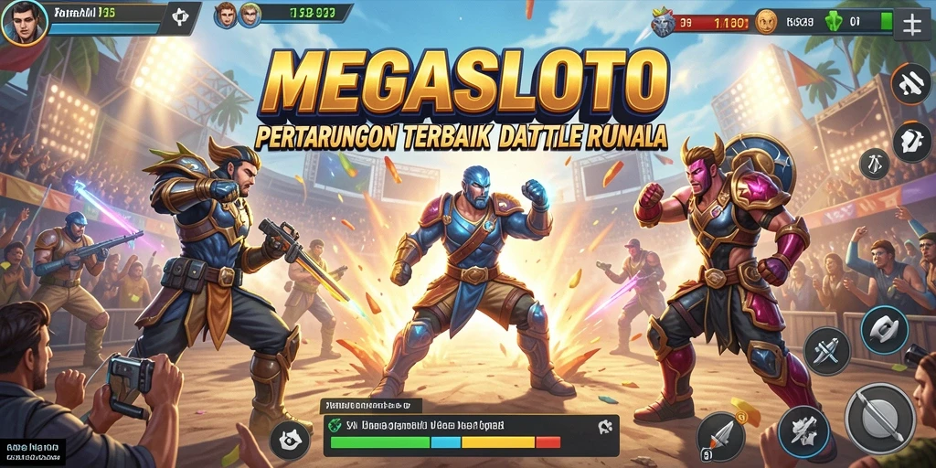 Screenshots utama MEGASLOTO menampilkan aksi seru dalam pertempuran Battle Royale.