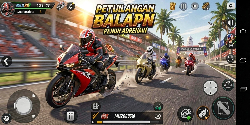 Tampilan balapan mendebarkan di jalanan yang sibuk dengan motor cepat.