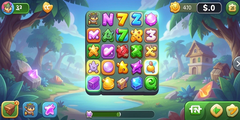 Screenshot gameplay NV77 yang menampilkan elemen Match-3 yang colorful.