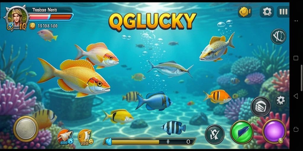Screenshot utama QGLUCKY yang menampilkan gameplay Tembak Ikan yang seru.
