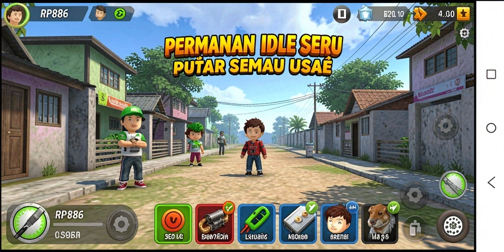 Tangkapan layar gameplay RP886 menampilkan karakter yang berkembang di dunia Idle.