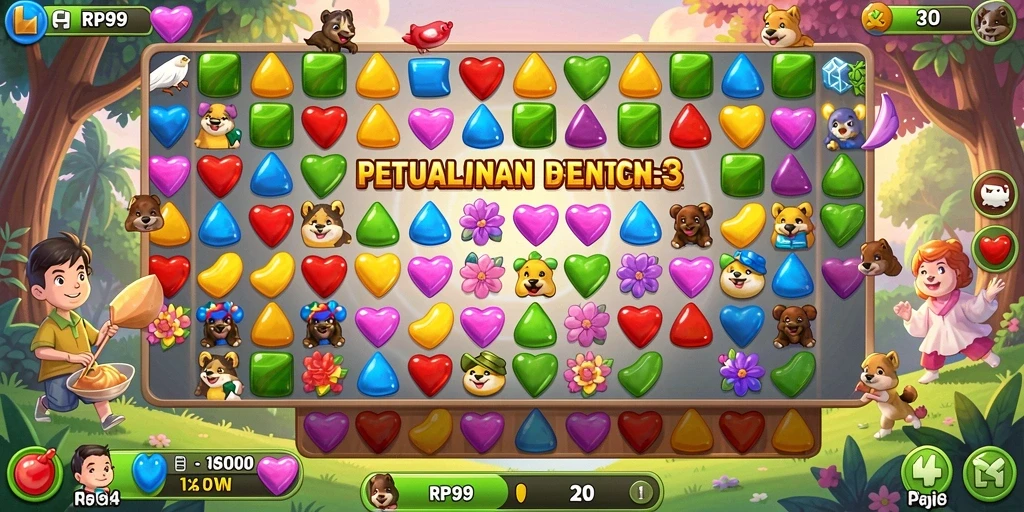 Screenshot RP99 menampilkan momen seru dalam permainan Match-3 yang penuh warna.